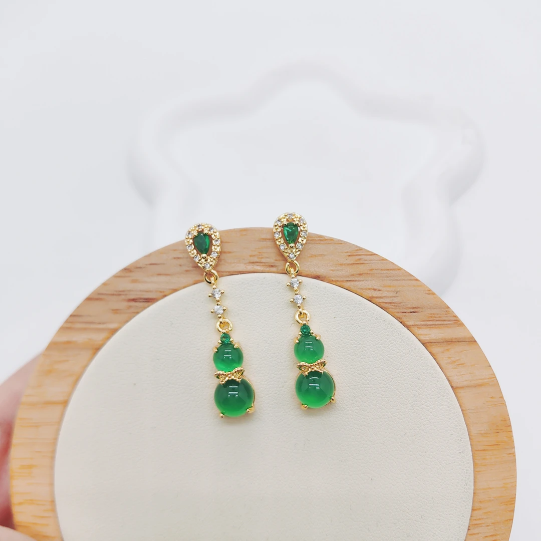 玉髓 【H12】经典绿色福禄双收镶嵌银针耳环气质时尚古风