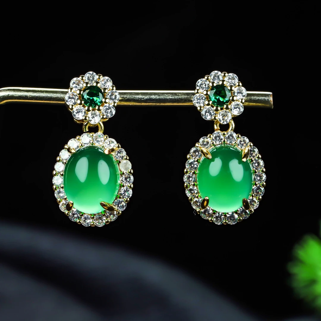 玉髓 【H13】经典气质鸽子蛋绿色银针耳环气质时尚古风耳环