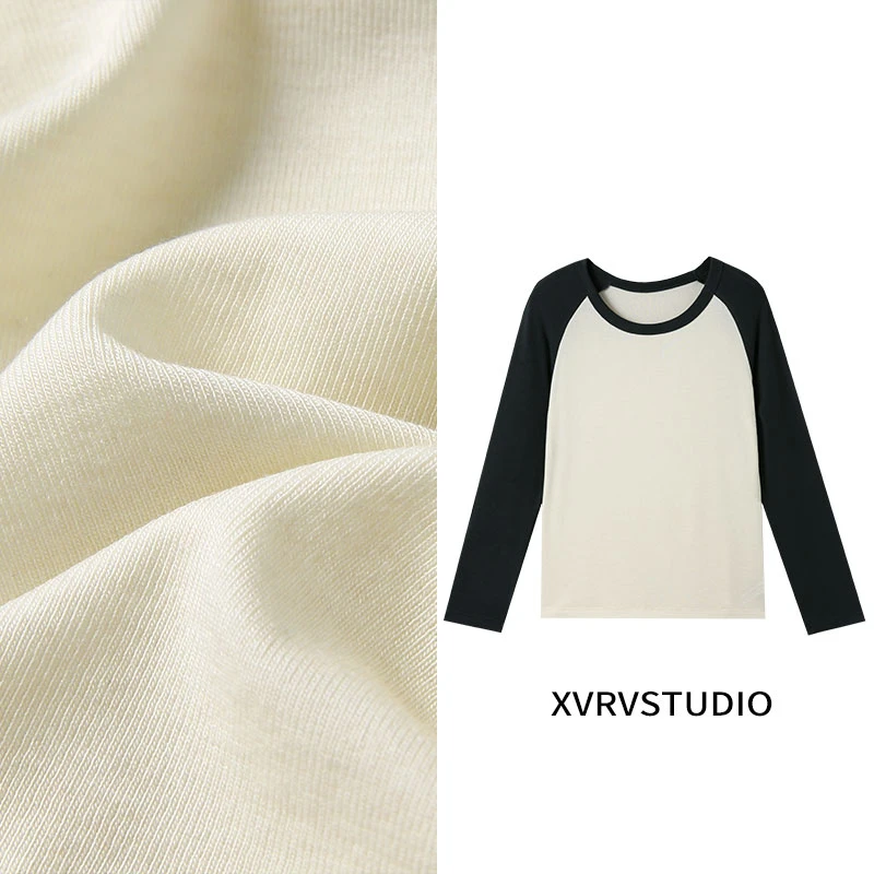 XVRV秋季2025新款羊毛天丝醋酸运动上衣插肩肌底衣女撞袖长袖T恤