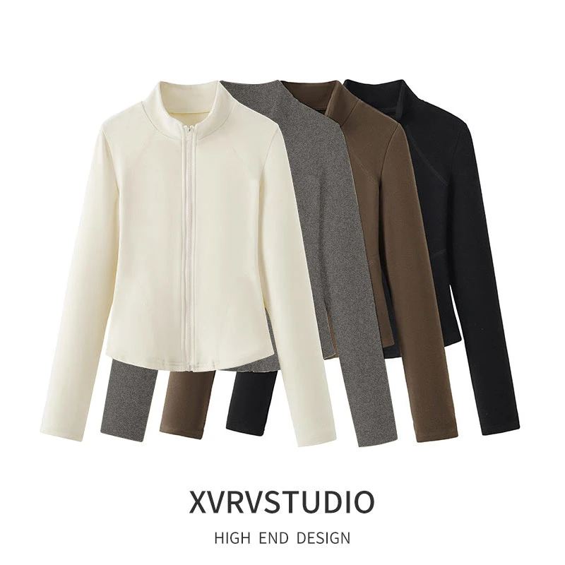 XVRV春季2025新品美式澳绒半高领保暖拉链长袖女开衫外套