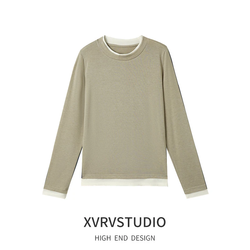 XVRV2025新款天丝醋酸打底衫女叠穿假两件圆领针织衫内搭运动T恤