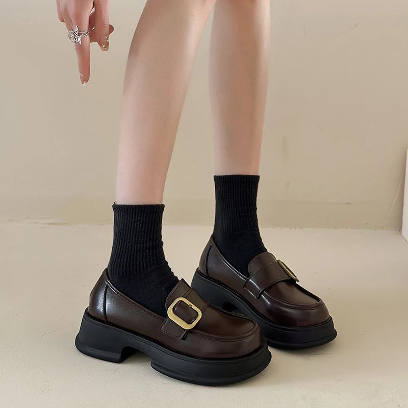 885厚底英伦风乐福鞋女2025年春夏新款粗跟小皮鞋一脚蹬复古单鞋