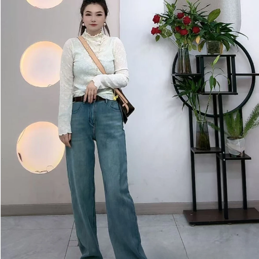 【DXJ】弹力格子拼接加绒直筒裤9017