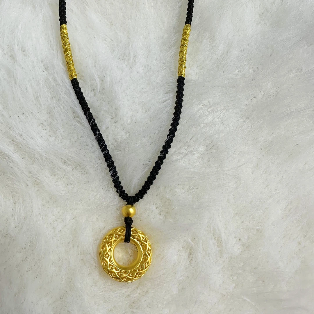 黄金 足金999 5D工艺 平安扣吊坠加金珠 凤羽平安扣黄金吊坠 送绳