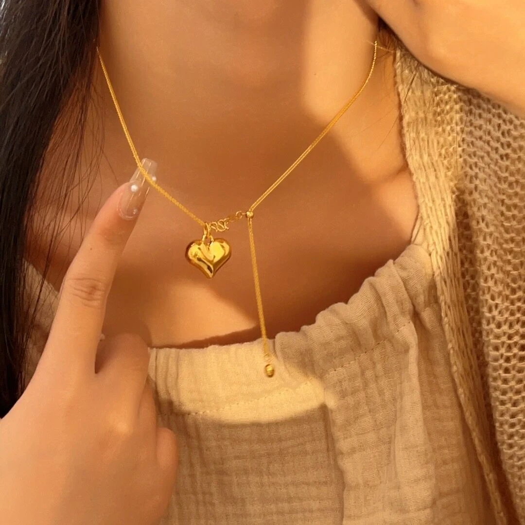 黄金 足金999 5G工艺抽拉肖邦链加爱心 胖心项链黄金链黄金按克卖