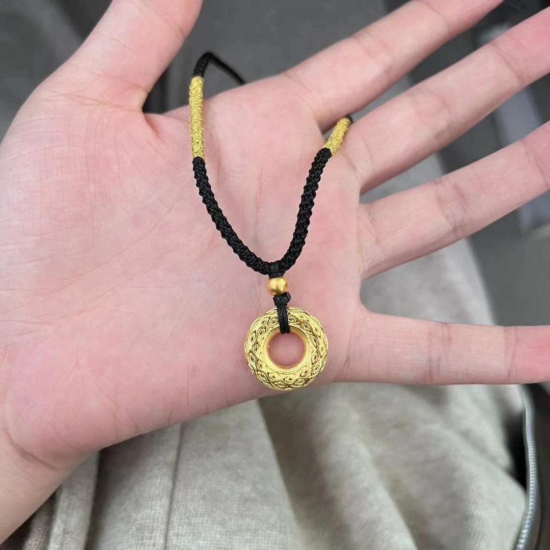 黄金 足金999 3D工艺 平安扣吊坠加金珠 凤羽平安扣黄金吊坠 送绳