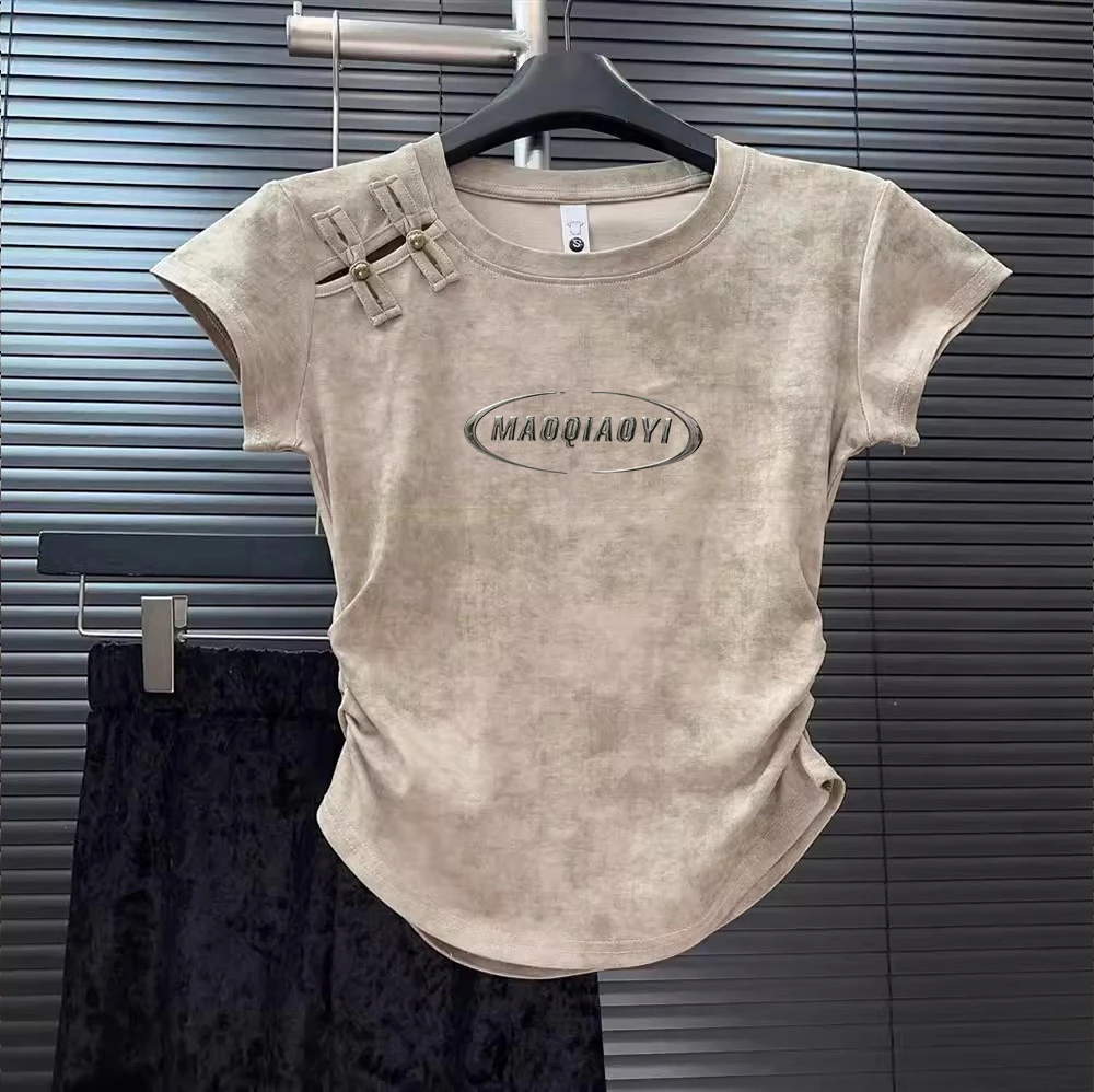 新中式盘扣镂空短袖T恤上衣女夏季设计感百搭圆领打底半袖体恤衫