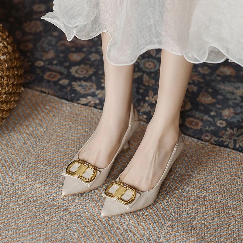 真软皮气质高跟鞋女细跟2024新款黑色浅口尖头职业不累脚单鞋女