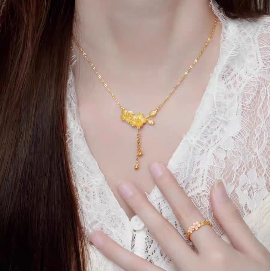 OULLEN 铜合金项链 新中式百搭不掉色双生花流苏项链女小众锁骨链