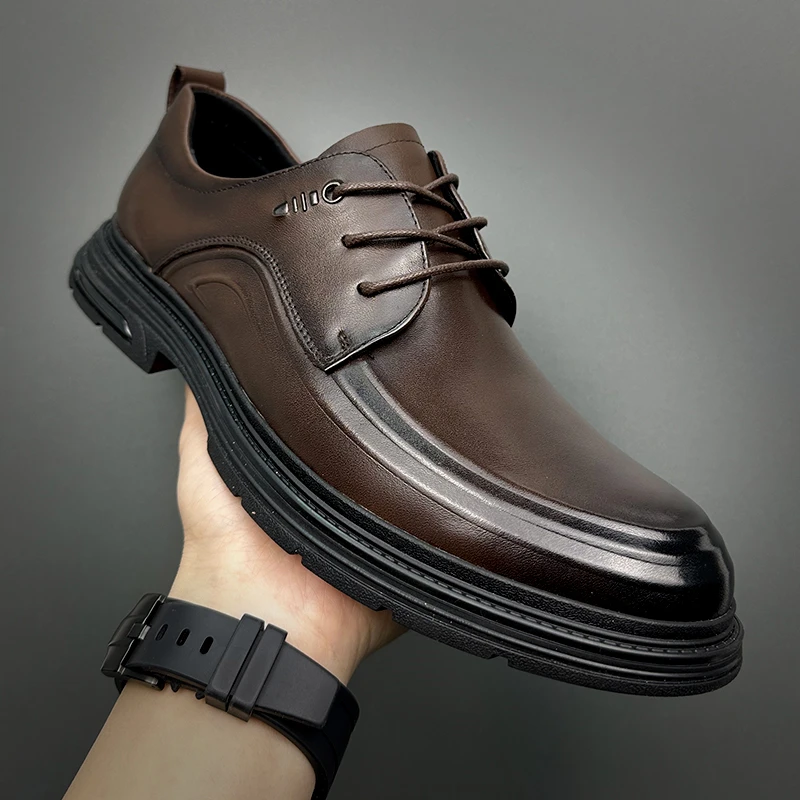 头层牛皮休闲男皮鞋英伦商务时尚百搭男士透气系带真皮鞋子潮流