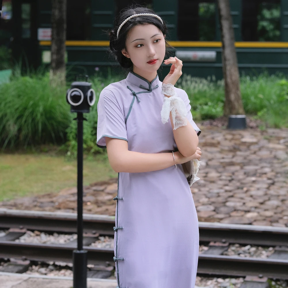 半枫荷【暮山紫】夏季全开襟平裁无省单层日常气质民国风古法旗袍