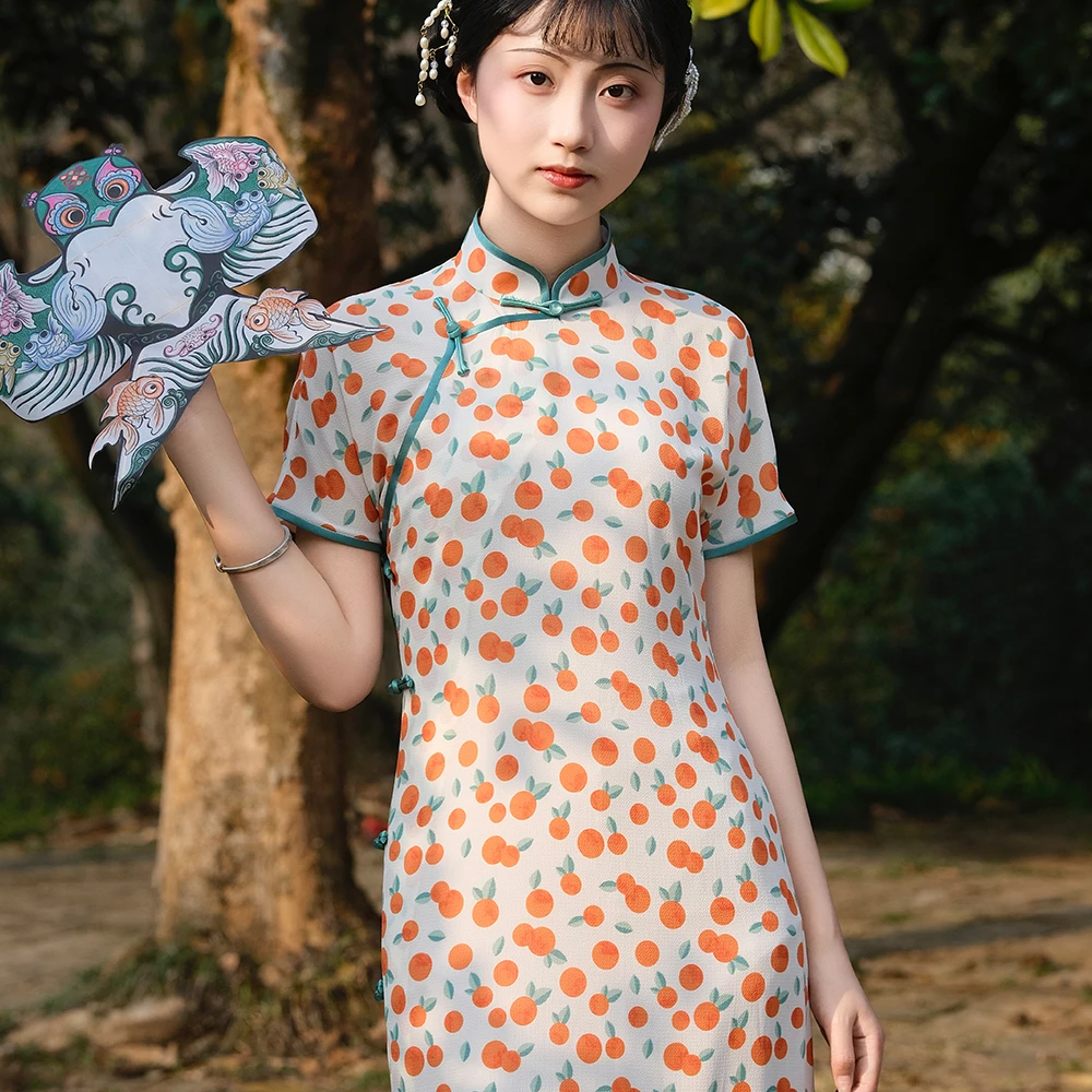 半枫荷【橘子/青柑】春夏款全开襟古法少女日常款水果系列国风旗袍