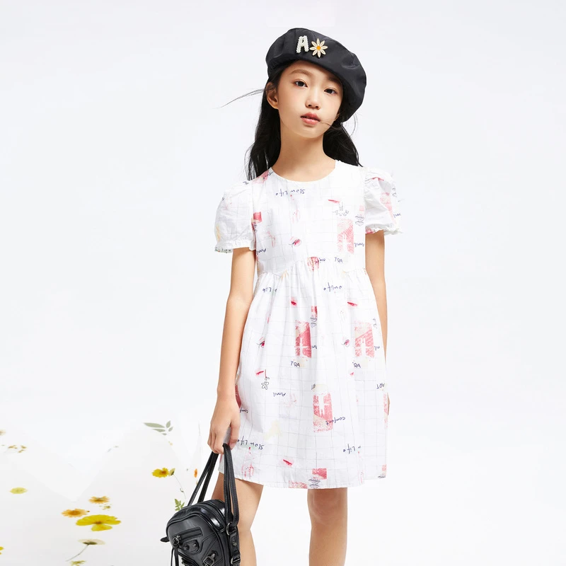 安奈儿女童纯棉印花短袖连衣裙中大童女孩洋气甜美碎花梭织裙女宝