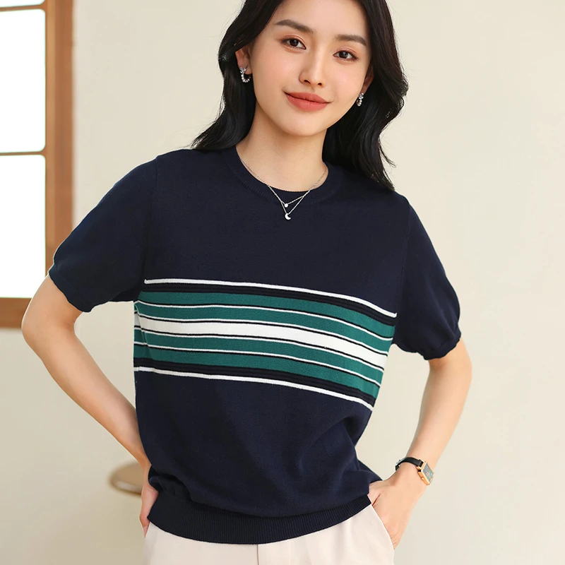 100棉线圆领条纹宽松针织短袖夏季透气吸汗