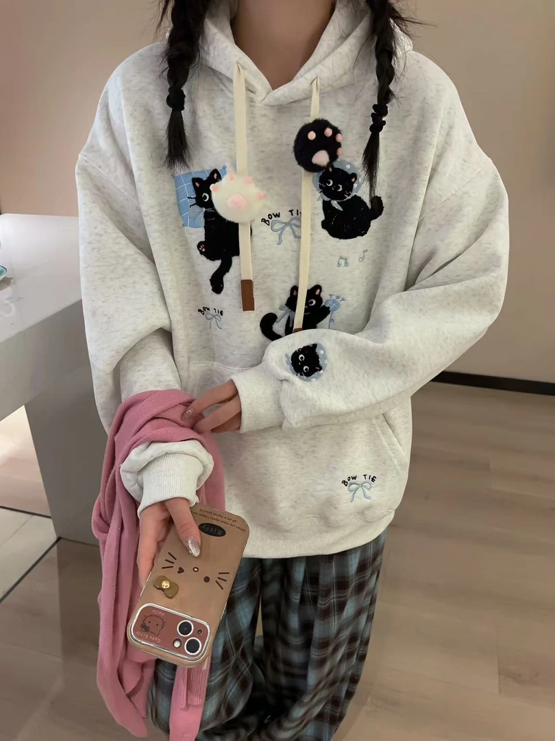 【小黑猫】韩版加绒冬季帽衫卫衣