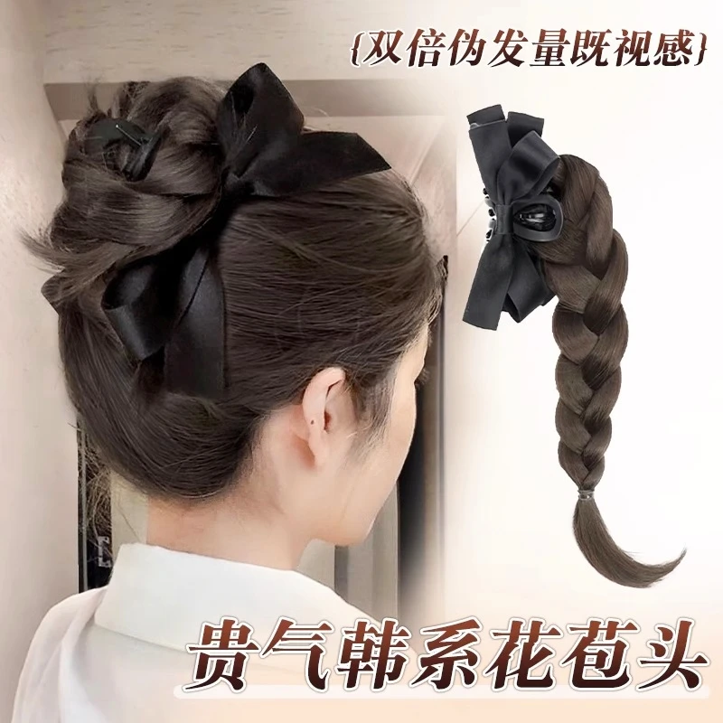 丸子头假发女抓夹式假发马尾辫蝴蝶结抓夹贵气千金花苞头假发辫子