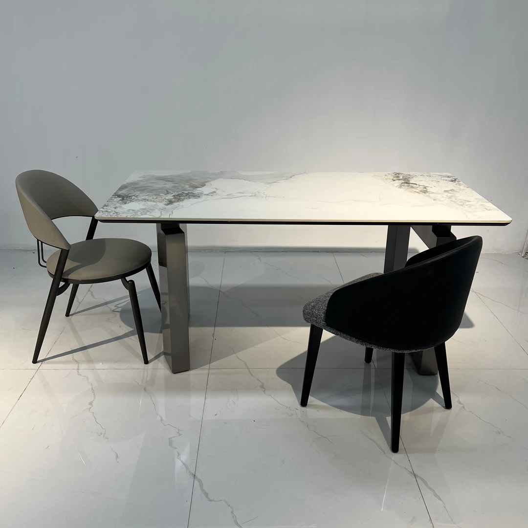 意式轻奢全托底板亮面岩板餐桌现代简约家用不锈钢设计师款吃饭桌