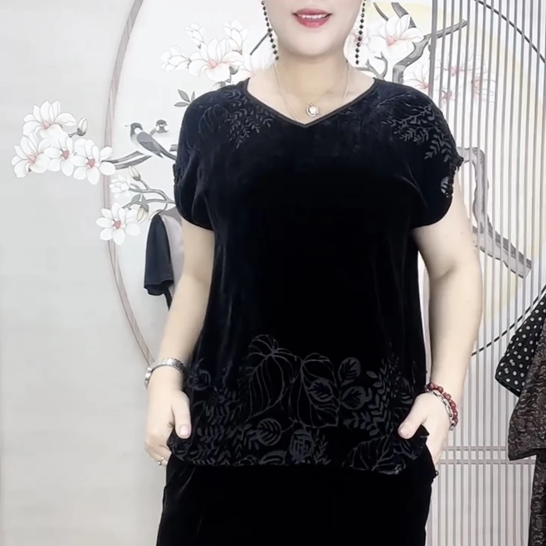 【名依坊精选】洋气时尚打底透气舒适优雅宽松真丝植绒百搭提花小衫