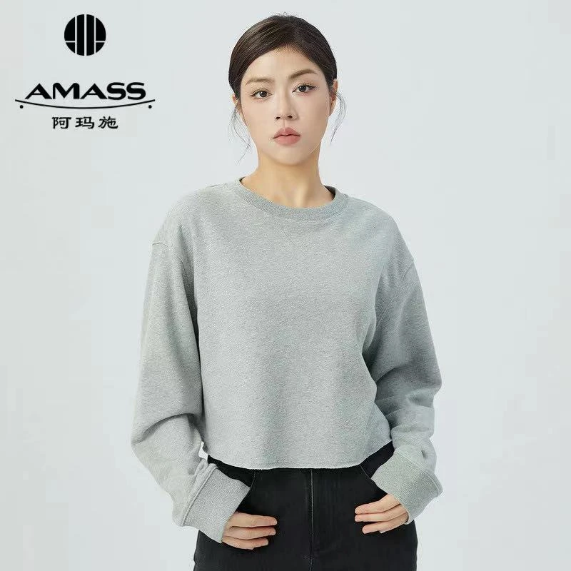 AMASS阿玛施 银丝质感带葱舒适亲肤短款卫衣5300936 纯色时尚宽松