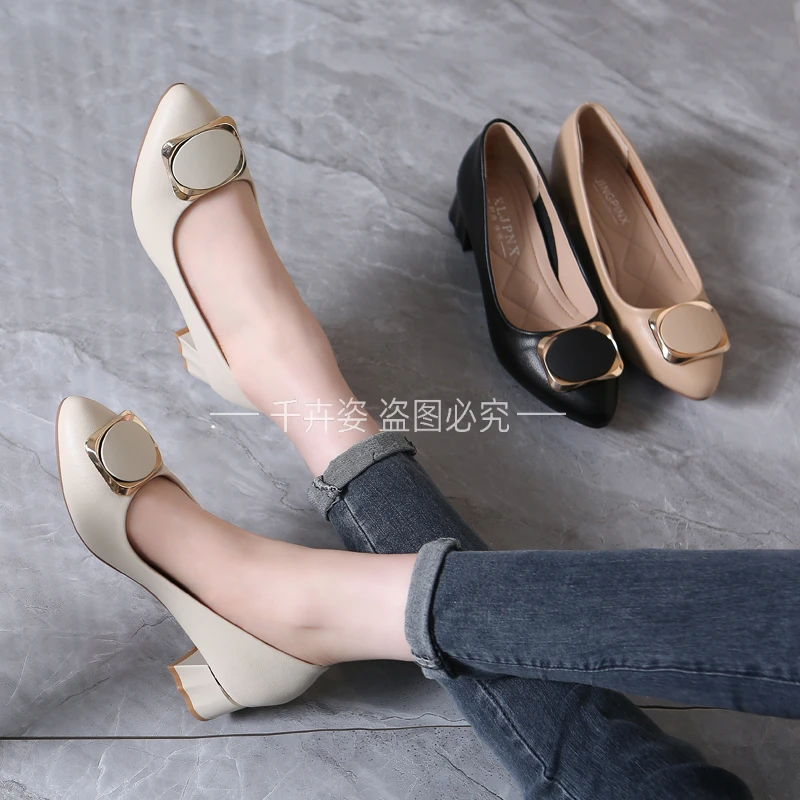 新款夏季浅口妈妈鞋尖头舒适百搭款粗跟女单鞋气质款女鞋方扣