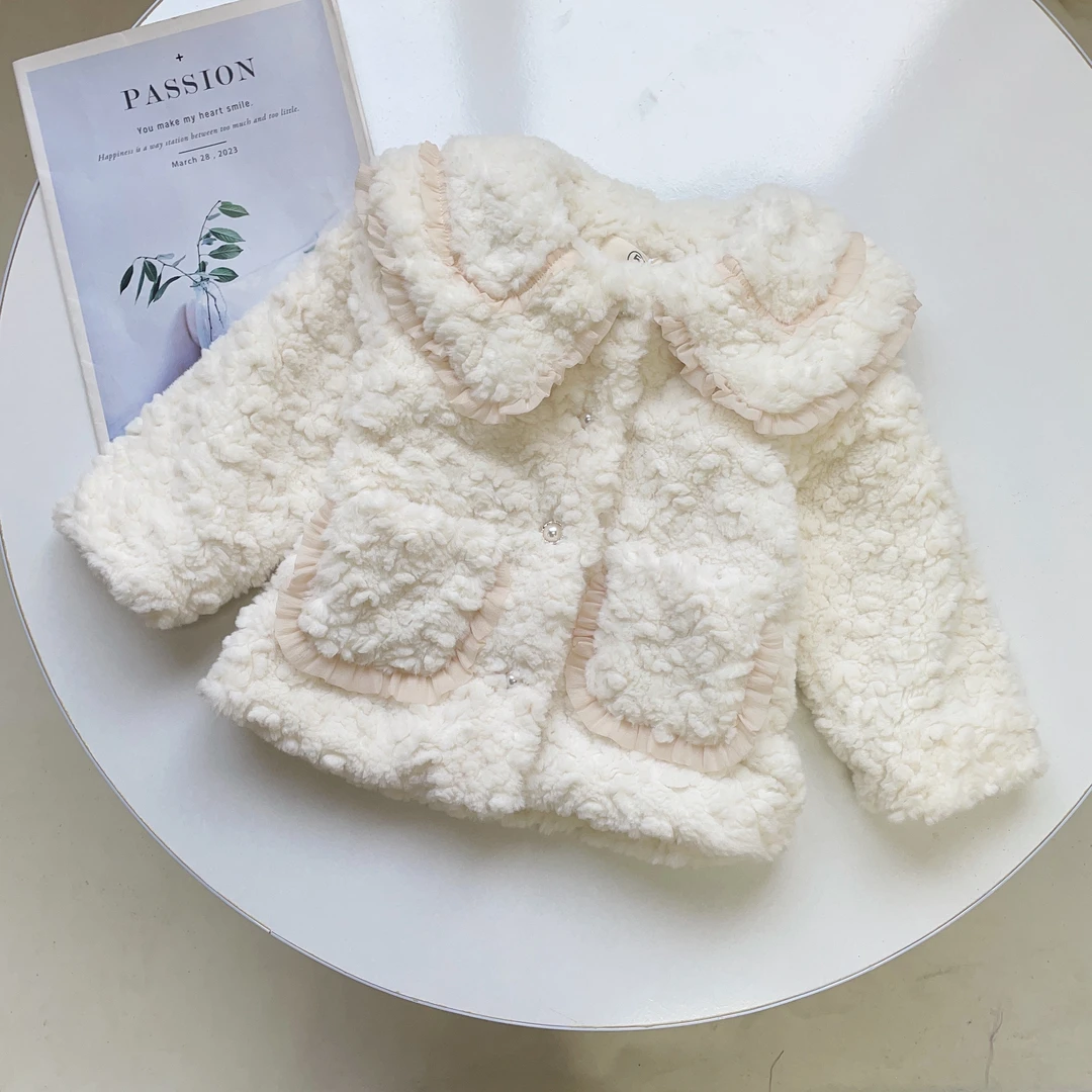 N6044儿童韩版冬款洋气百搭领口袋花边毛毛外套60311