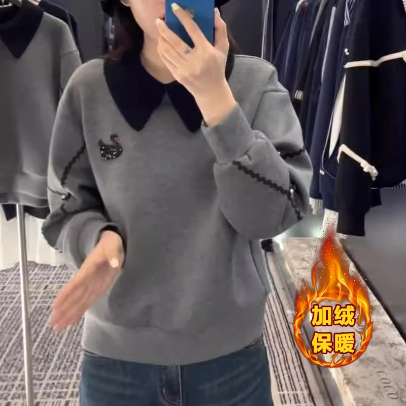 高级感女士灰色秋冬卫衣2024新款时尚洋气减龄宽松POLO领卫衣8053