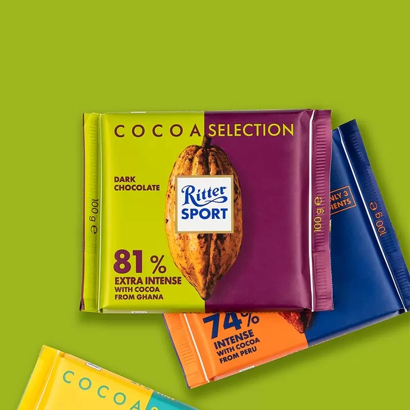 瑞特滋德国进口Ritter Sport牛奶巧克力可可脂排块浓醇黑巧100g*5