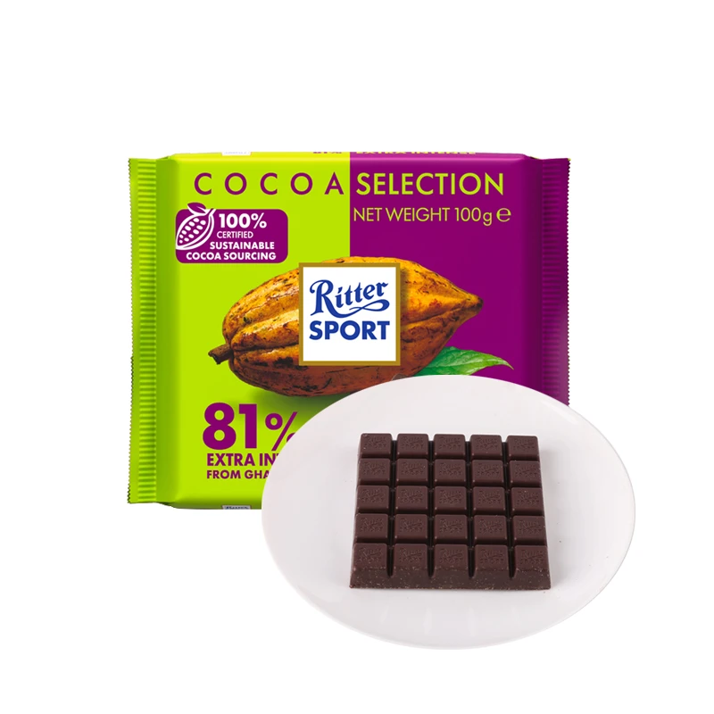 德国原装进口RitterSport瑞特滋81%加纳浓醇黑巧克力排块100g*2块