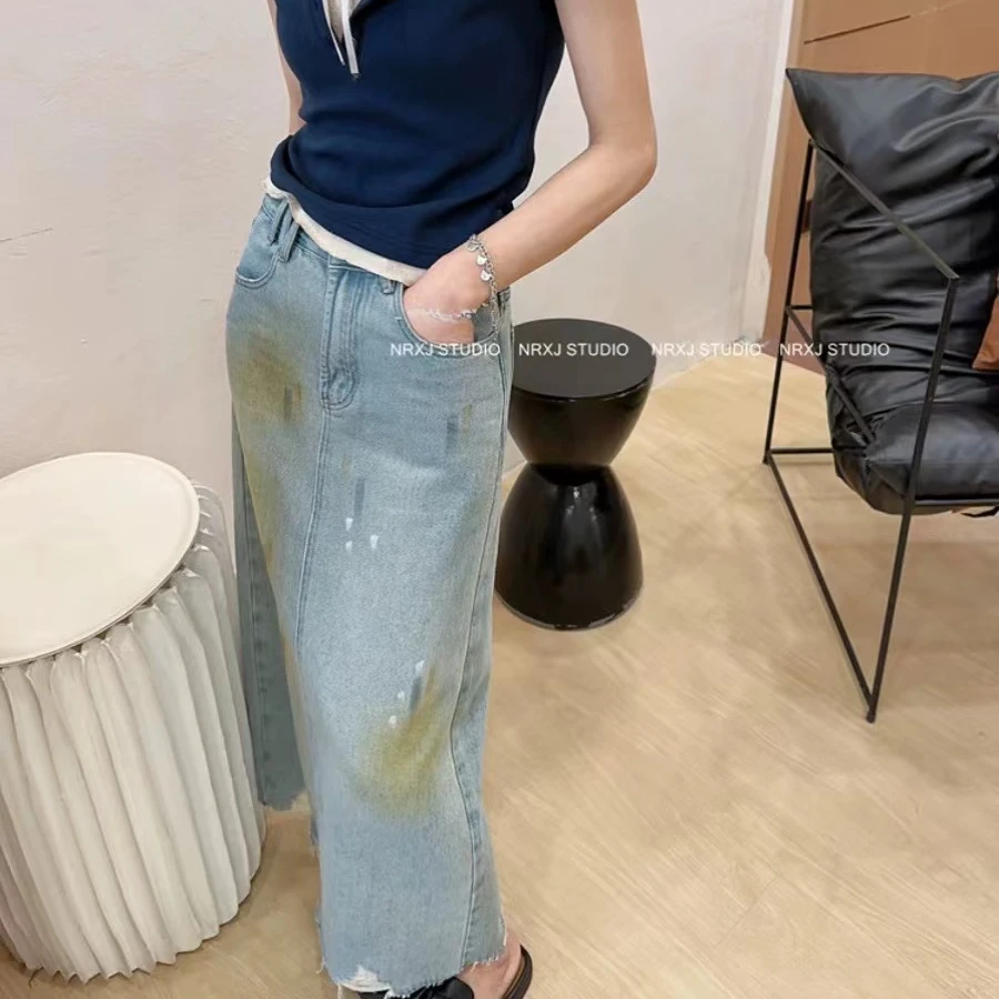 欧货小众设计泼墨晕染破洞牛仔裙夏季直筒遮胯显瘦半身长裙