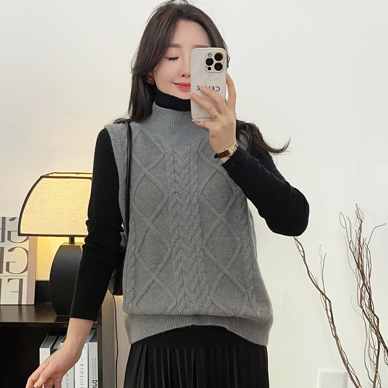 前后两穿纯色开衫马甲毛衣针织衫女秋冬高领叠穿上衣时尚宽松马夹