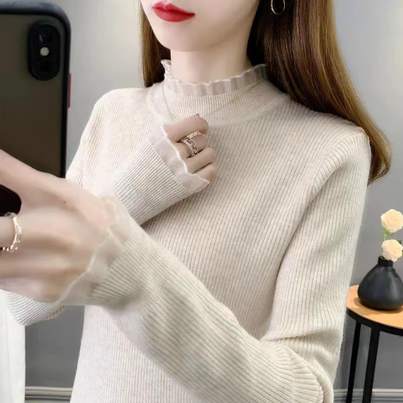 秋冬新款基础百搭针织衫修身显瘦蕾丝半高领打底衫女长袖内搭毛衣