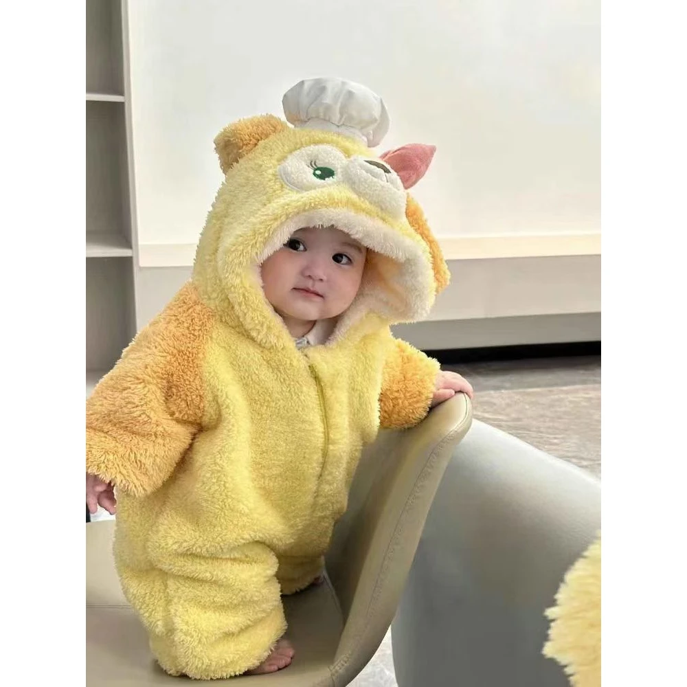 冬季卡通婴儿连体衣加厚加绒睡衣萌娃宝宝保暖外出服爬服饼饼衣服