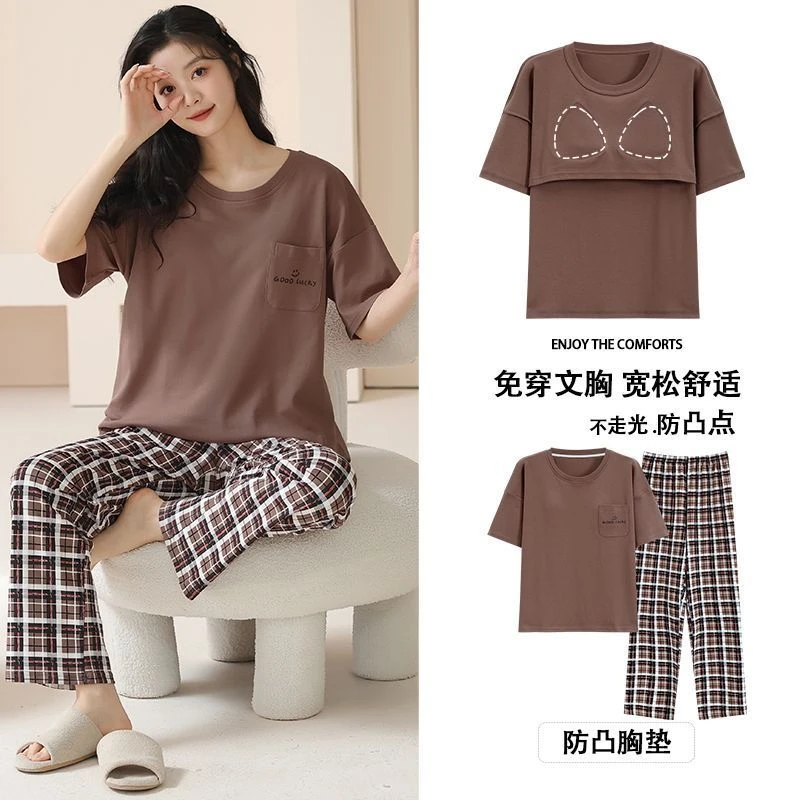 睡衣女纯棉春夏季带胸垫圆领短袖长裤韩版学生宿舍家居服可外穿