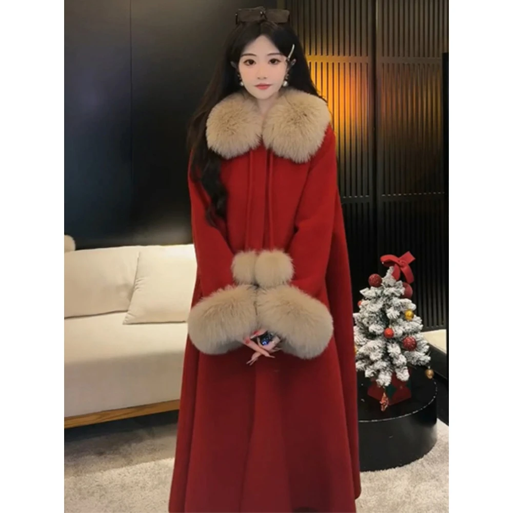 2024冬季新年战袍红色斗篷毛呢外套女宽松加厚中长款高级气质大衣