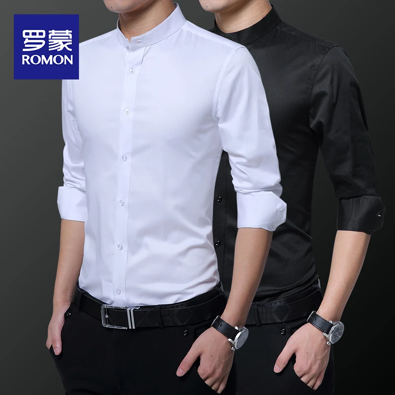 罗蒙时尚白衬衫男士轻奢男装修身职业黑色纯色商务休闲长袖衬衣男