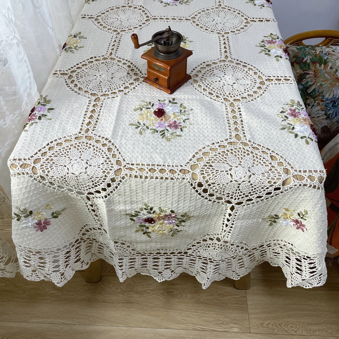 DY195-20棉麻质（150*220cm）米色十字丝带绣镂空桌布