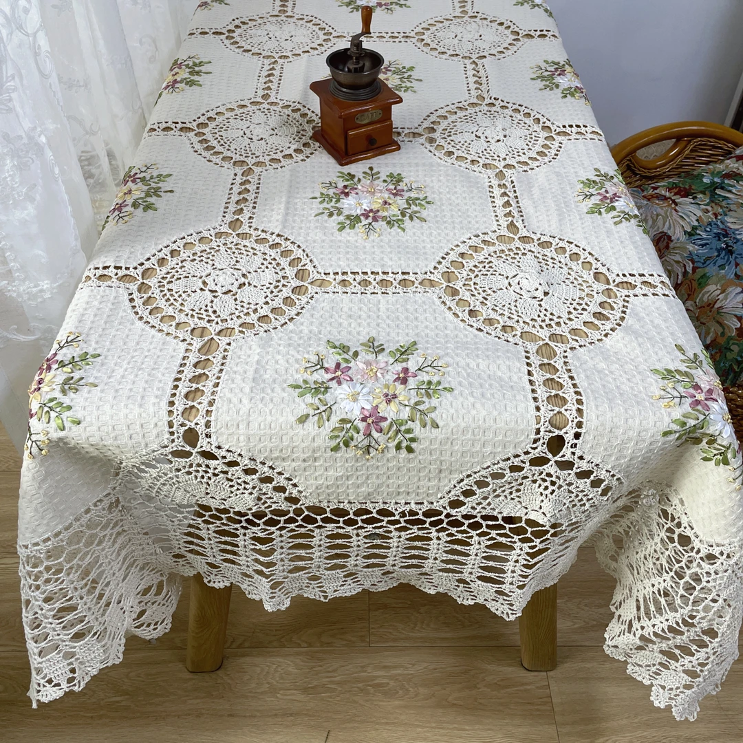 DY195-12棉麻质（150*220cm）米色十字丝带绣镂空桌布