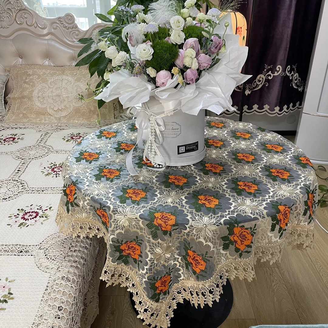 DY023-27玻璃纱(120*120CM 方）橘色牡丹手工刺绣方桌布百搭款