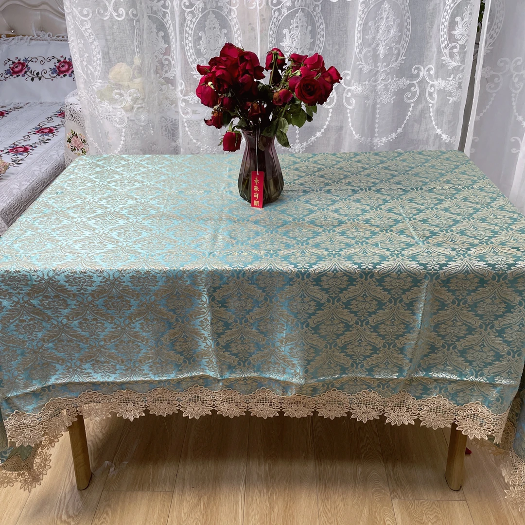 DY241-4贡缎（150*220cm长方）蓝底蝶恋花贡缎桌布