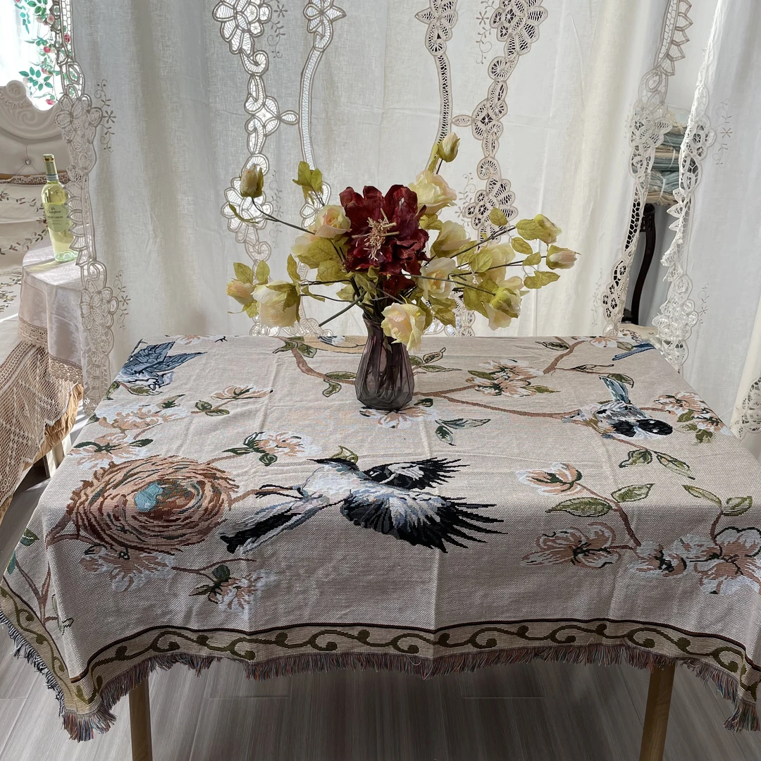 DY008-9棉麻质（130*180cm）米色鸟语花香多功能盖毯