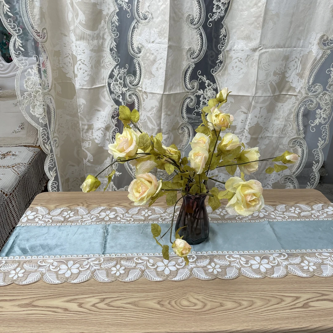 DY205-9金丝绒(40*180cm长方 ）蓝色金丝绒锁链绣桌旗