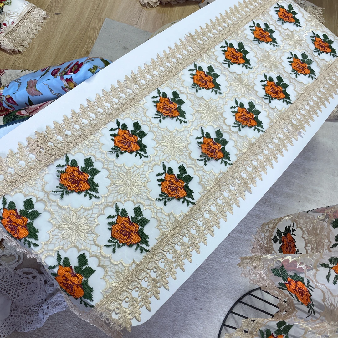 DY023-28玻璃纱(45*165CM ）橘色牡丹手工刺绣方桌旗