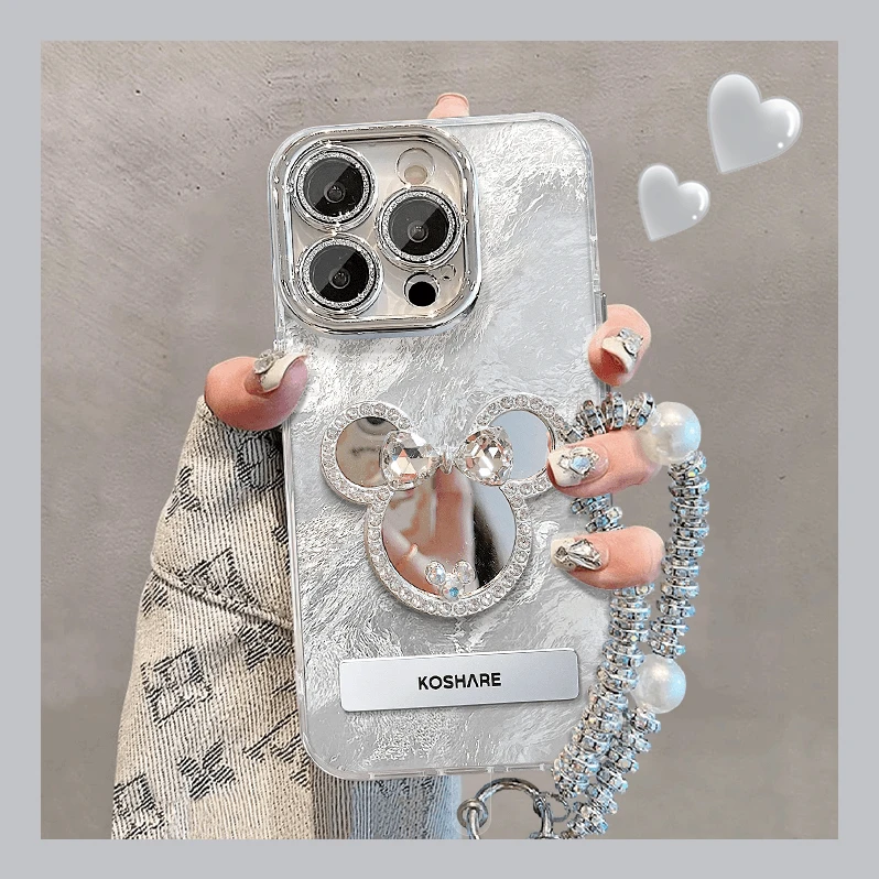 米奇镜子适用苹果vivo华为oppo小米iPhone15精孔冰川纹手机壳女款