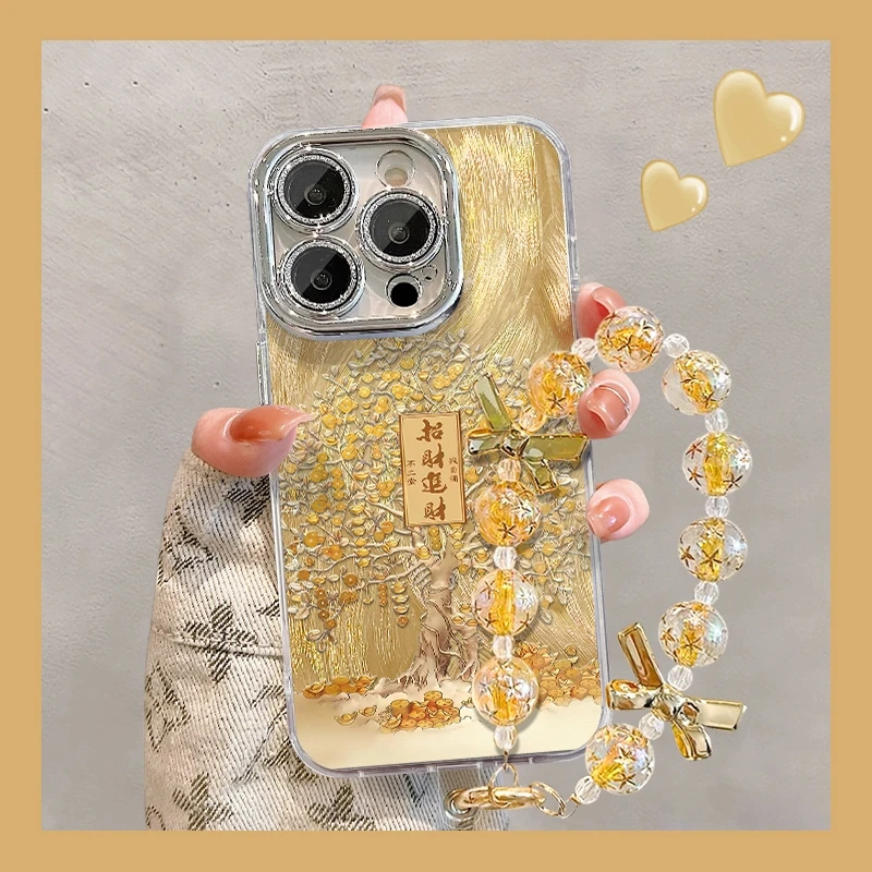 金色树适用于苹果16华为vivo小米oppo精孔羽纱壳女高级保护手机壳