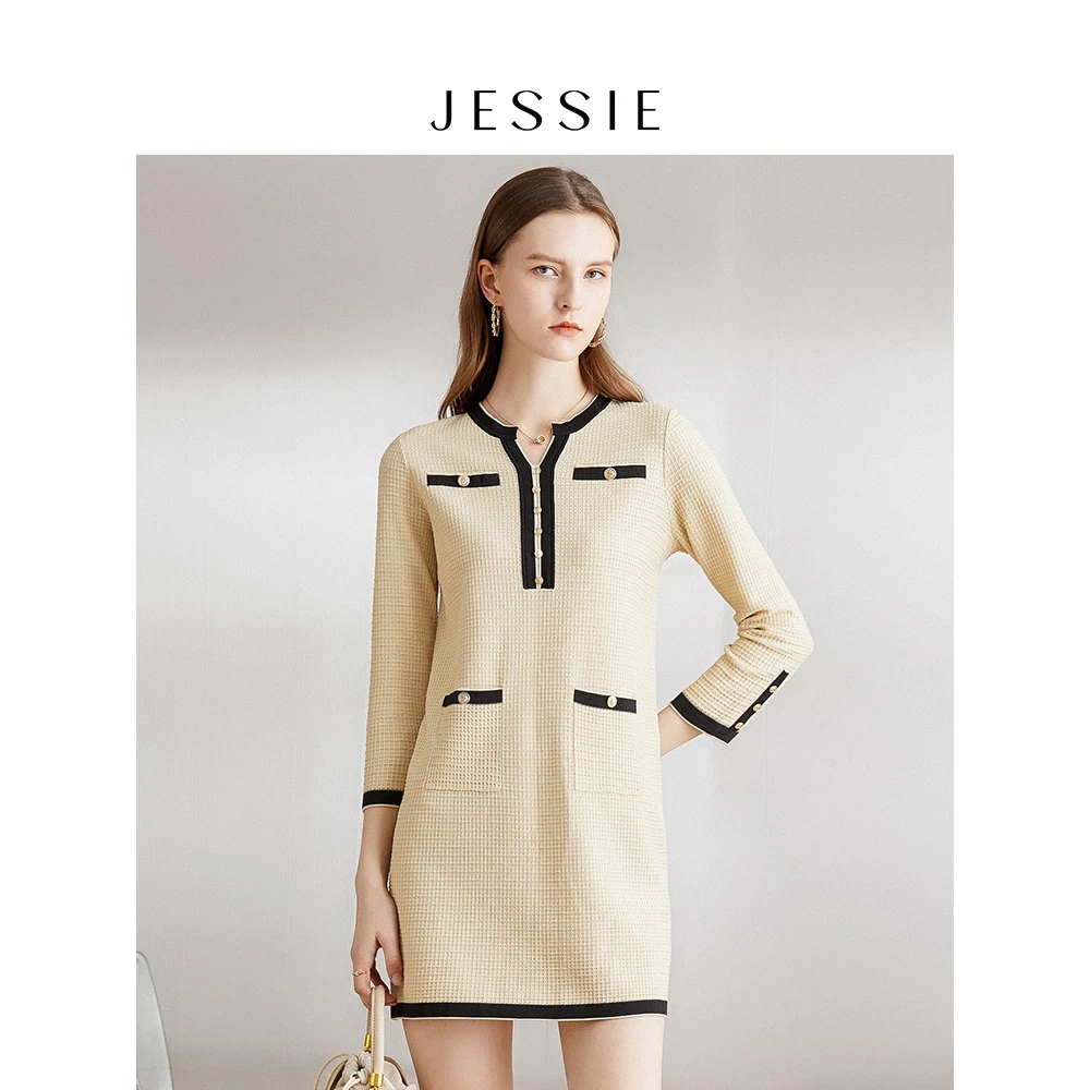 JESSIE气质撞色V领小香风直筒针织连衣裙女24秋新款