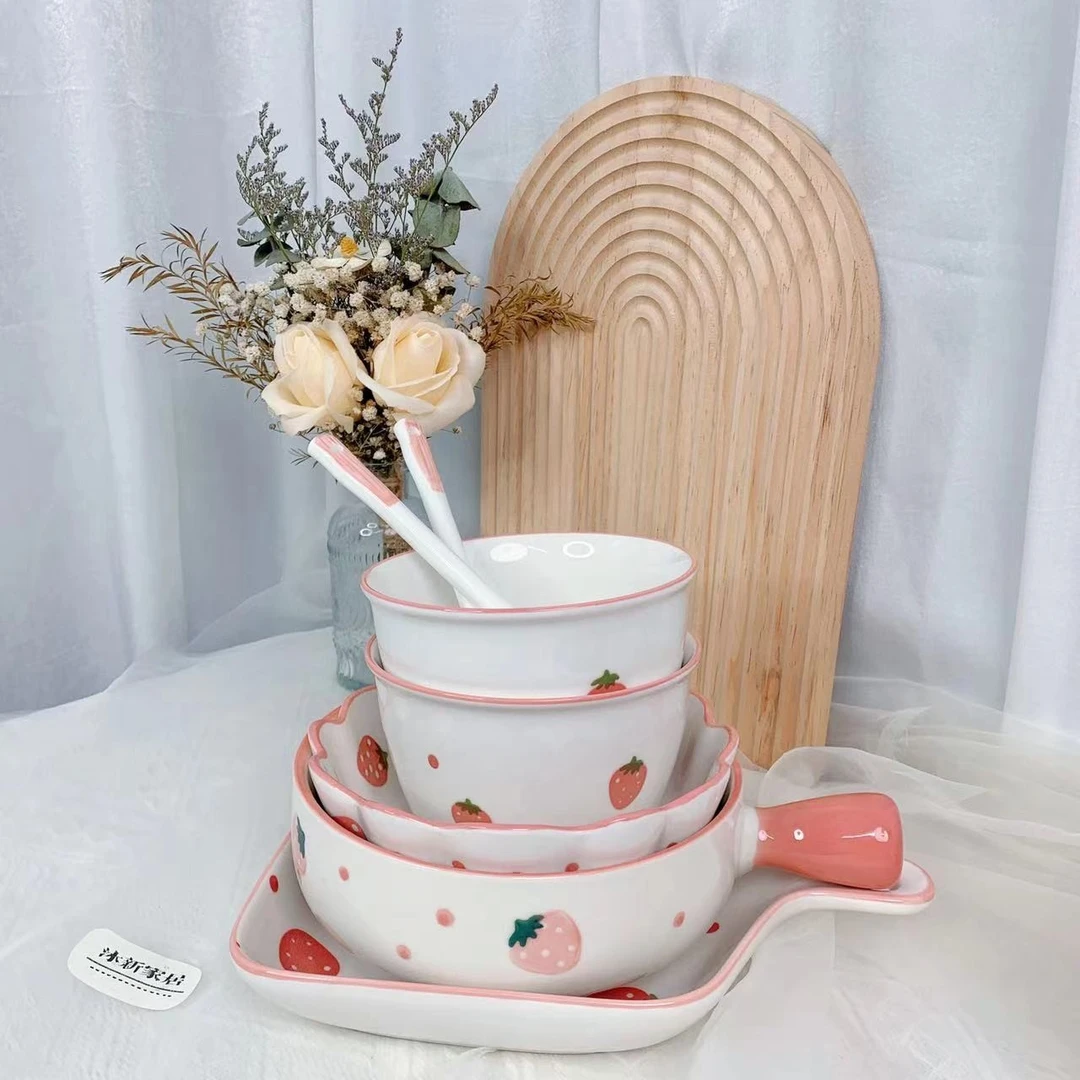 主播宠粉 卡通高颜值陶瓷微波炉专用碗可爱少女心 波点草莓7件套