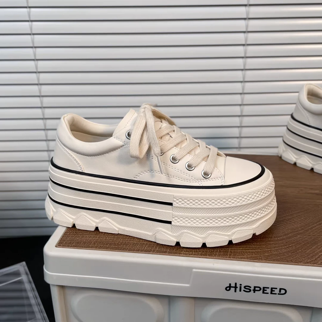 886-89（单里）欧货厚底小白鞋女系带小个子6cm松糕鞋休闲增高板鞋