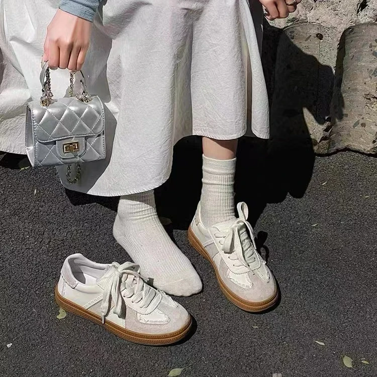 8150-306真皮德训鞋2024新款夏季蕾丝边透气平底软底休闲运动板鞋