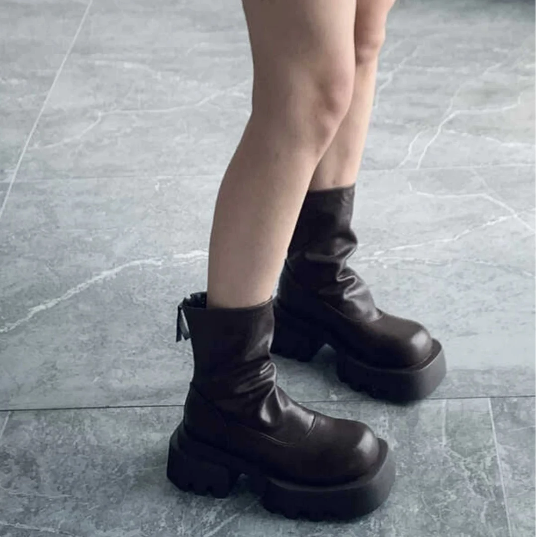 2408-76（磨毛） 极简风烟筒靴后拉链瘦瘦靴可盐可甜厚底韩版弹力