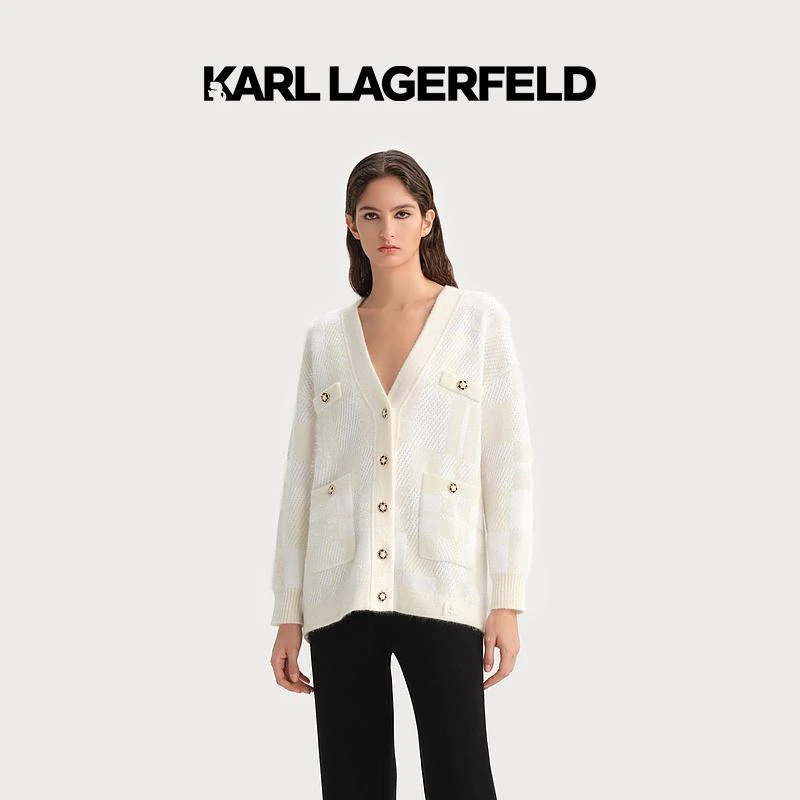 KARL LAGERFELD卡尔拉格斐23秋白色暗格V领长开衫236L2037